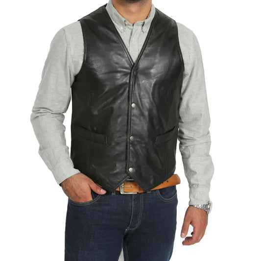 Men's Leather Biker Vest Real Leather Brown - OutfitLondon