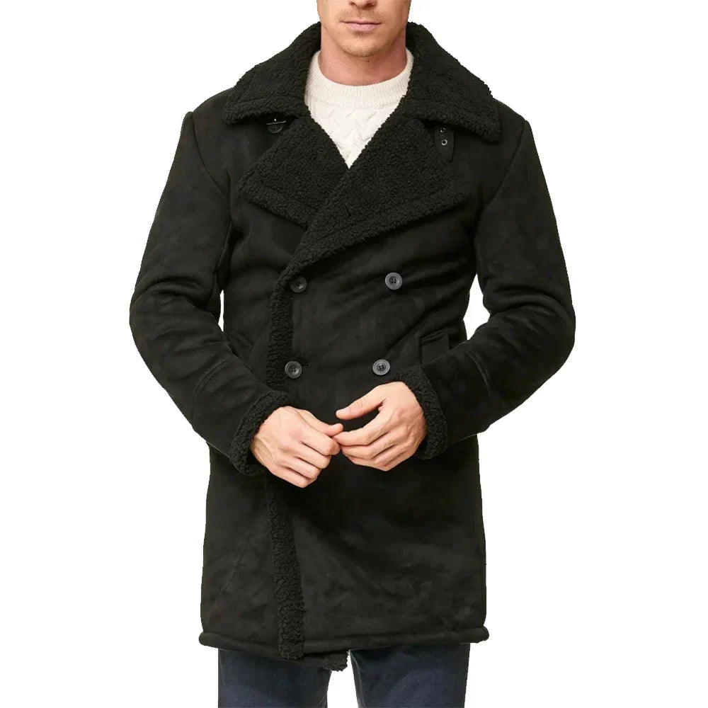 Mens Double Breasted Sherpa Lined Winter Coat Insulated - OutfitLondon