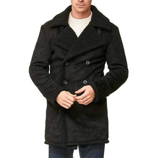 Mens Double Breasted Sherpa Lined Winter Coat Insulated - OutfitLondon