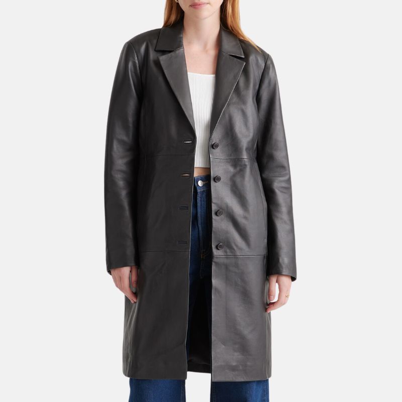 Women's Long Leather Trench Coat Black - OutfitLondon