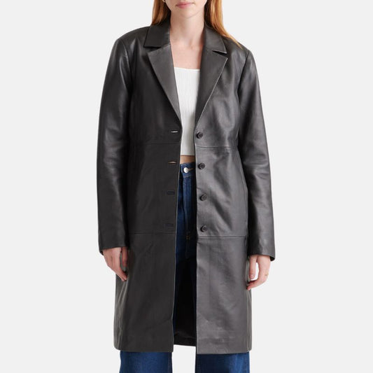 Women's Long Leather Trench Coat Black - OutfitLondon
