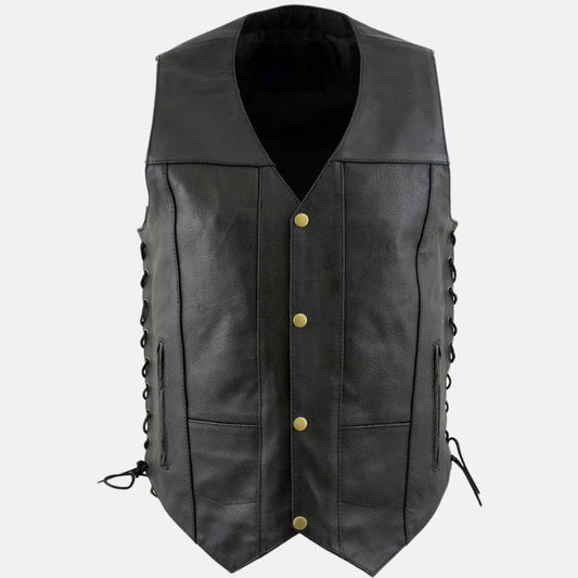 Men's Leather Motorcycle Vest Black V Neck Snap Buttons Zip Pockets - OutfitLondon