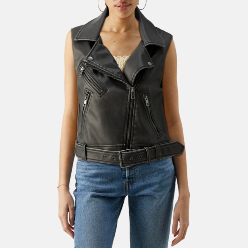 Women's Leather Motorcycle Vest Black - OutfitLondon