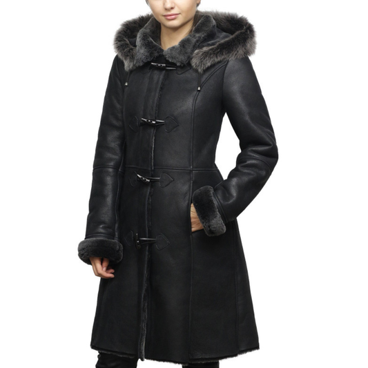 Women's Sheepskin Duffle Coat Black With Fur Trim - OutfitLondon