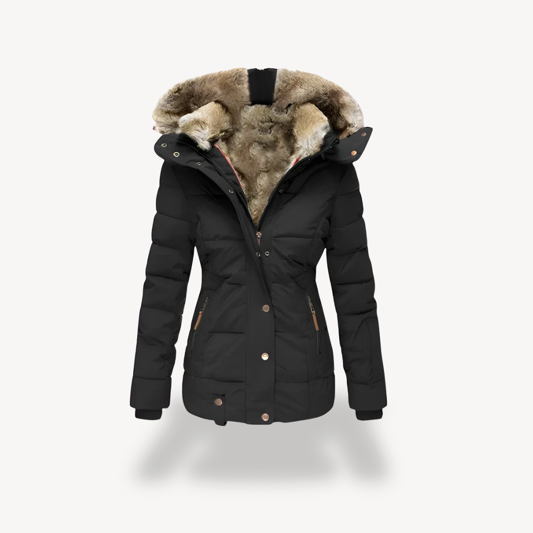 Ladies' Padded Jacket with Removable Fur Trim Hood - OutfitLondon