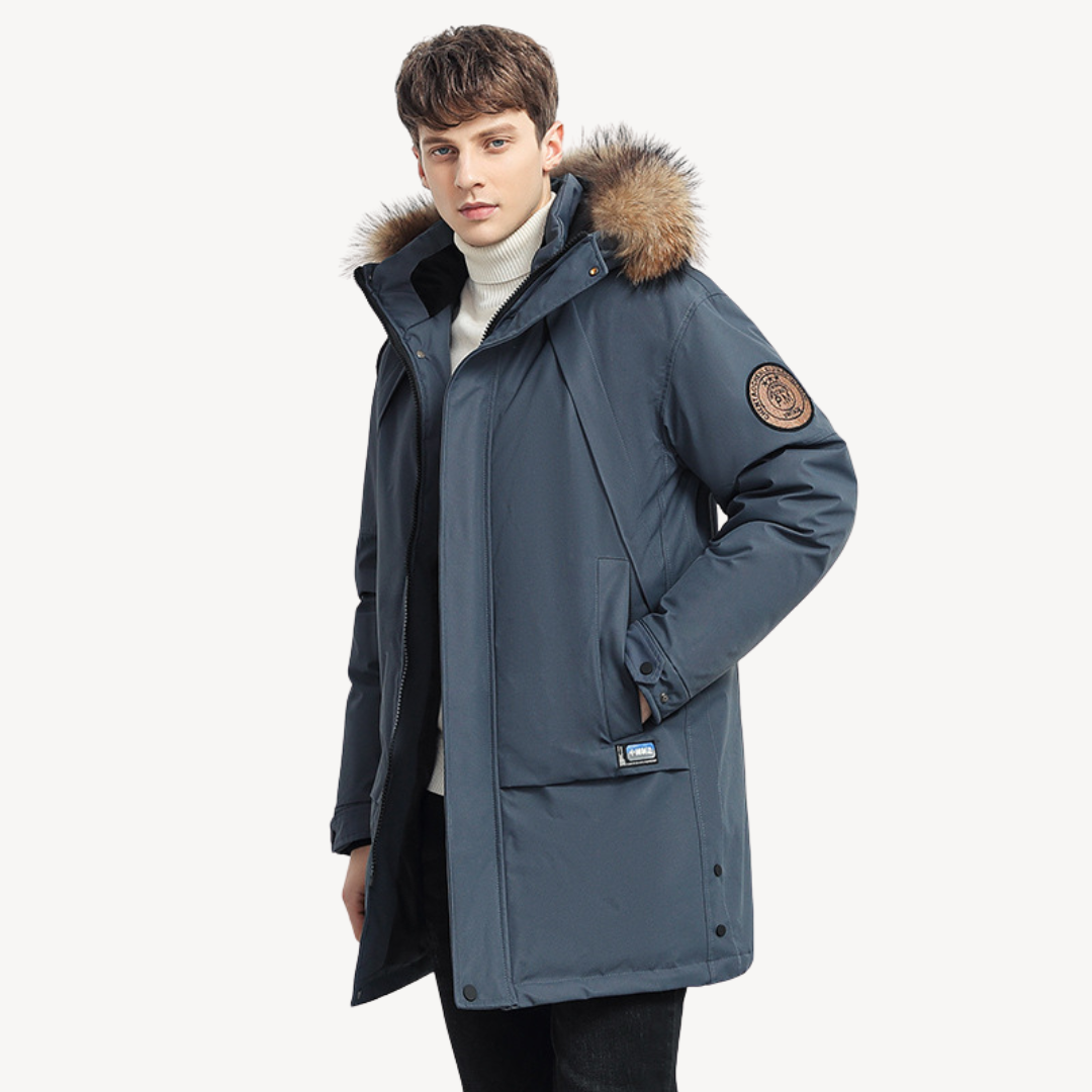 Warm Down Parka Coat with Fake Fur Hood for Men
