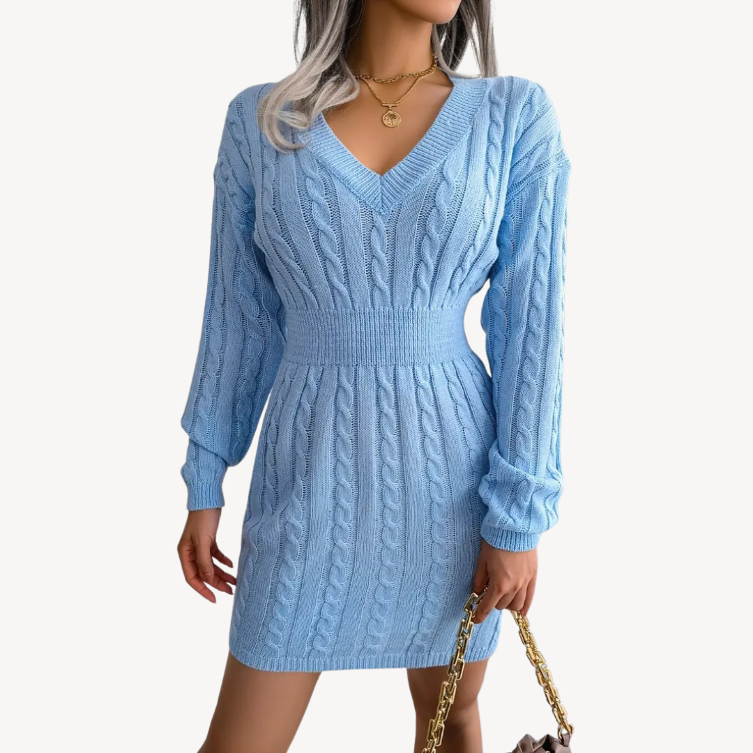Cozy V Neck Sweater Dress - OutfitLondon