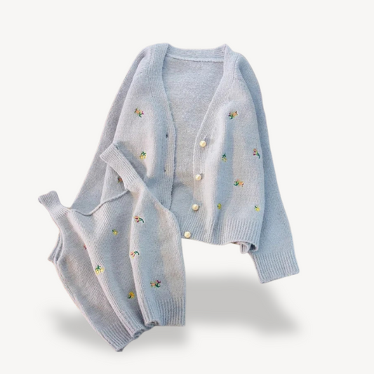 Ladies Pretty Lace Knit Cardigan Tank Top Set - OutfitLondon
