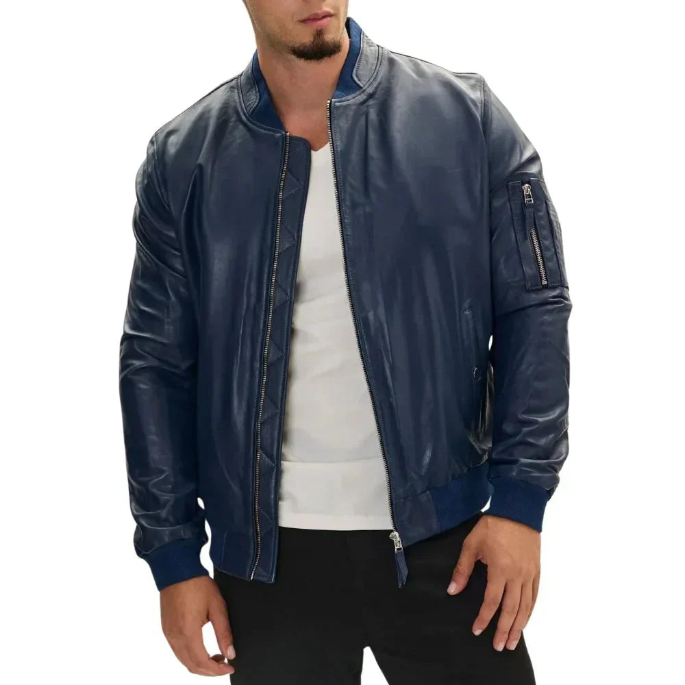 Men's Leather Bomber Jacket Navy Blue - OutfitLondon