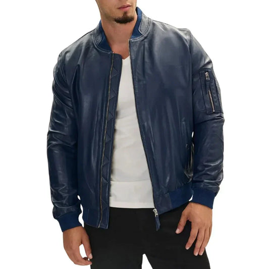 Men's Leather Bomber Jacket Navy Blue - OutfitLondon