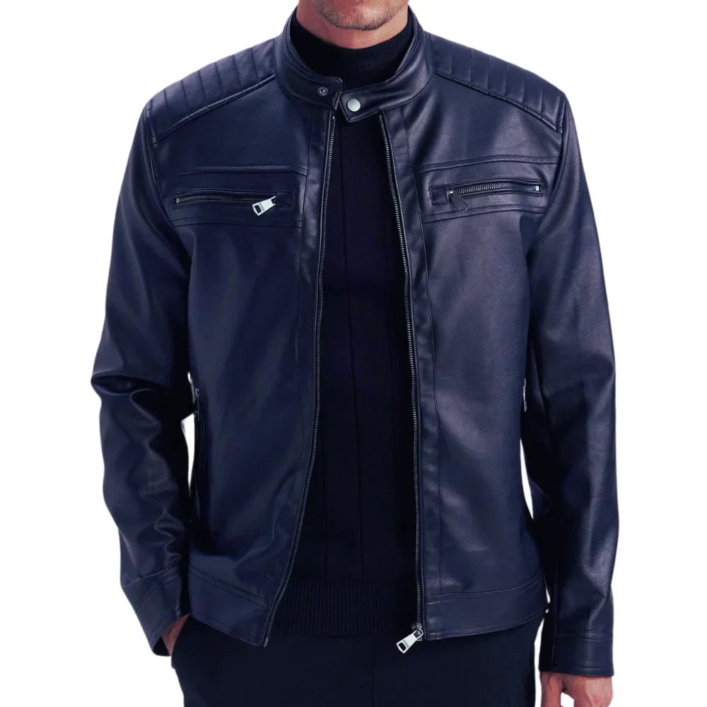Men's Blue Lambskin Leather Cafe Racer Jacket Quilted Shoulders Snap - OutfitLondon