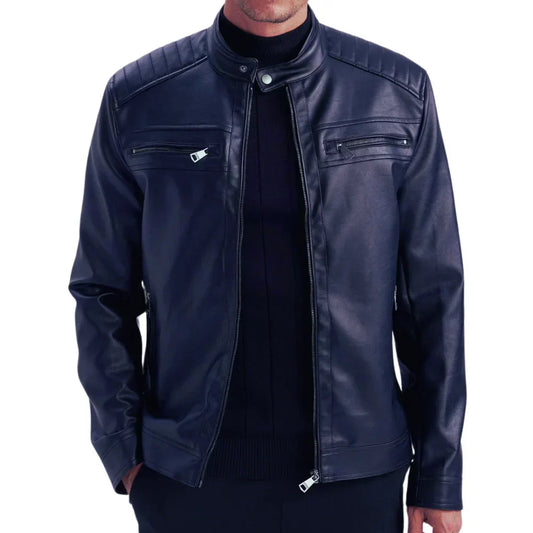 Men's Blue Lambskin Leather Cafe Racer Jacket Quilted Shoulders Snap - OutfitLondon