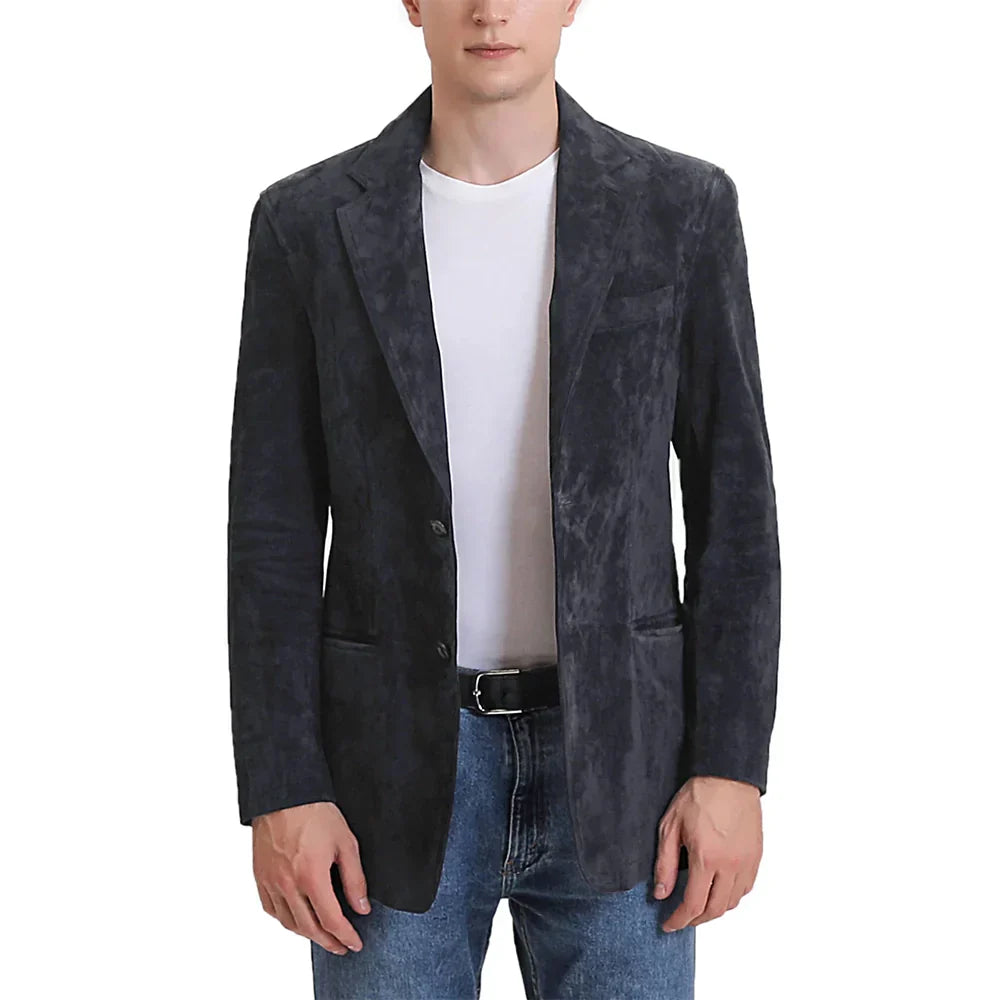 Men's Slim Fit Leather Blazer Blue Calf Suede - OutfitLondon