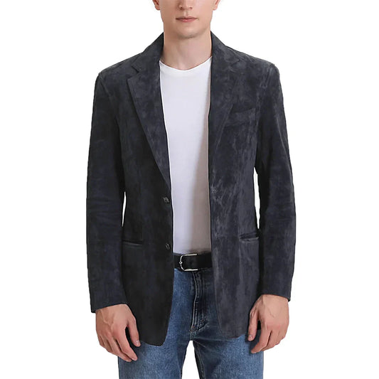 Men's Slim Fit Leather Blazer Blue Calf Suede - OutfitLondon