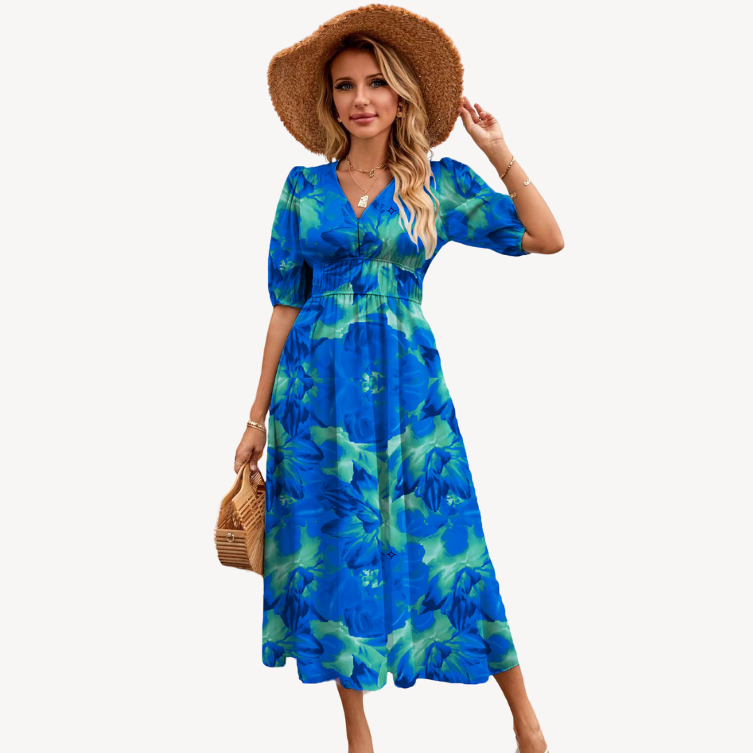 Pretty V Neck Floral Midi Dress for Women - OutfitLondon