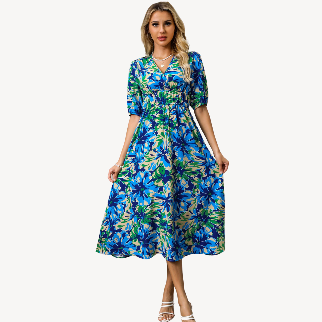 Pretty V Neck Floral Midi Dress for Women