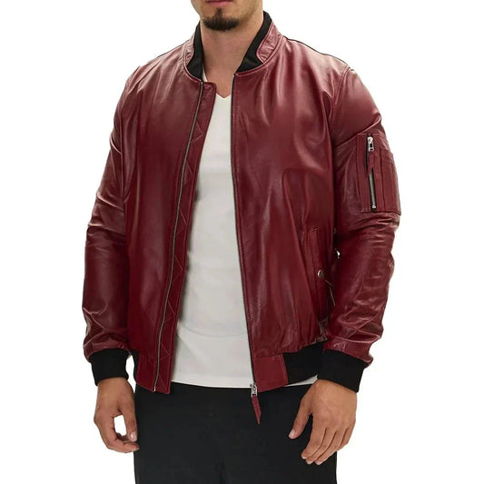 Men's Red Leather Bomber Jacket Viscose Lining Ribbed Cuffs - OutfitLondon