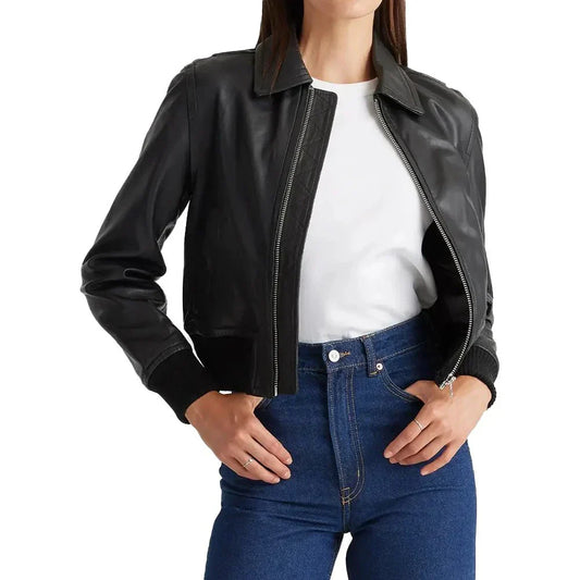 Women's Leather Bomber Jacket Black Cropped - OutfitLondon