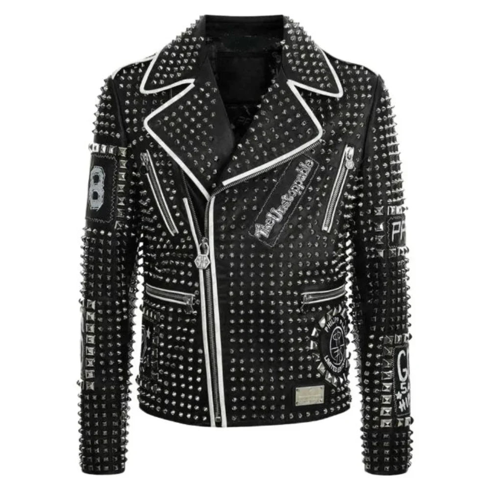 Men's Leather Biker Jacket Black Blue Studded Silver Trim - OutfitLondon