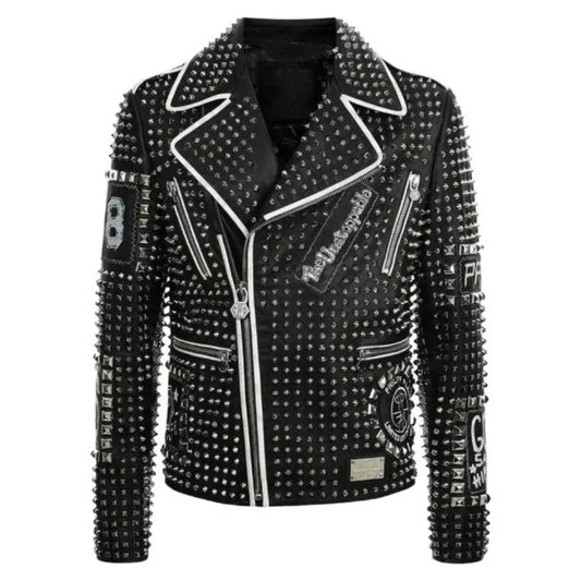 Men's Leather Biker Jacket Black Blue Studded Silver Trim - OutfitLondon