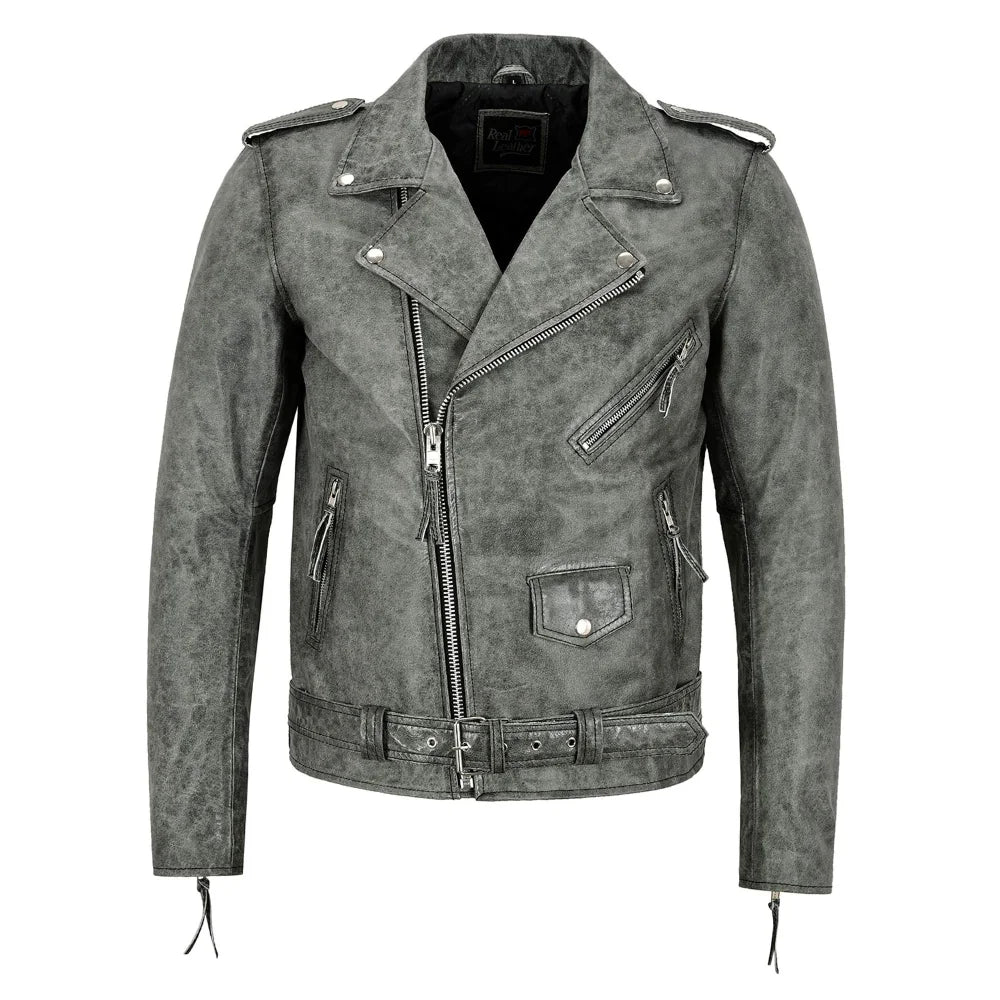 Men's Real Leather Biker Jacket Grey - OutfitLondon