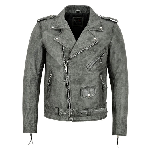 Men's Real Leather Biker Jacket Grey - OutfitLondon