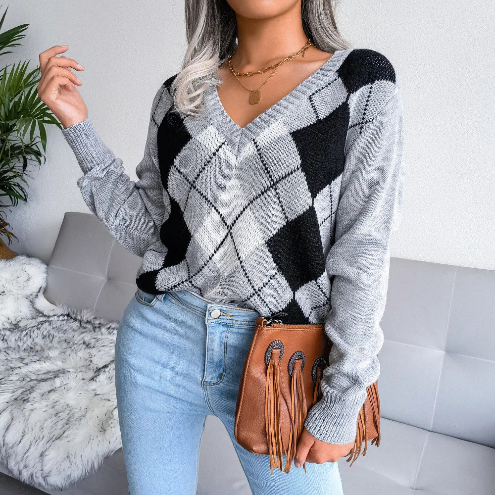 Cozy V-Neck Argyle Sweater for Women