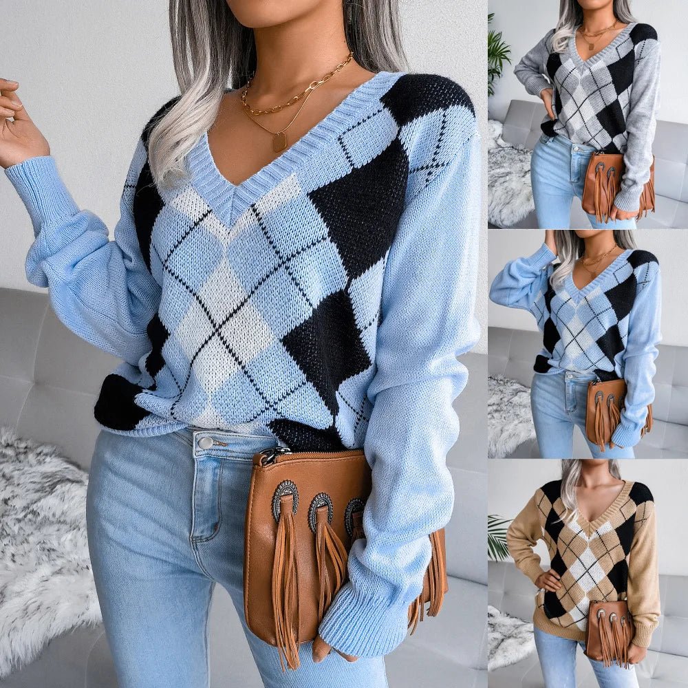 Cozy V-Neck Argyle Sweater for Women