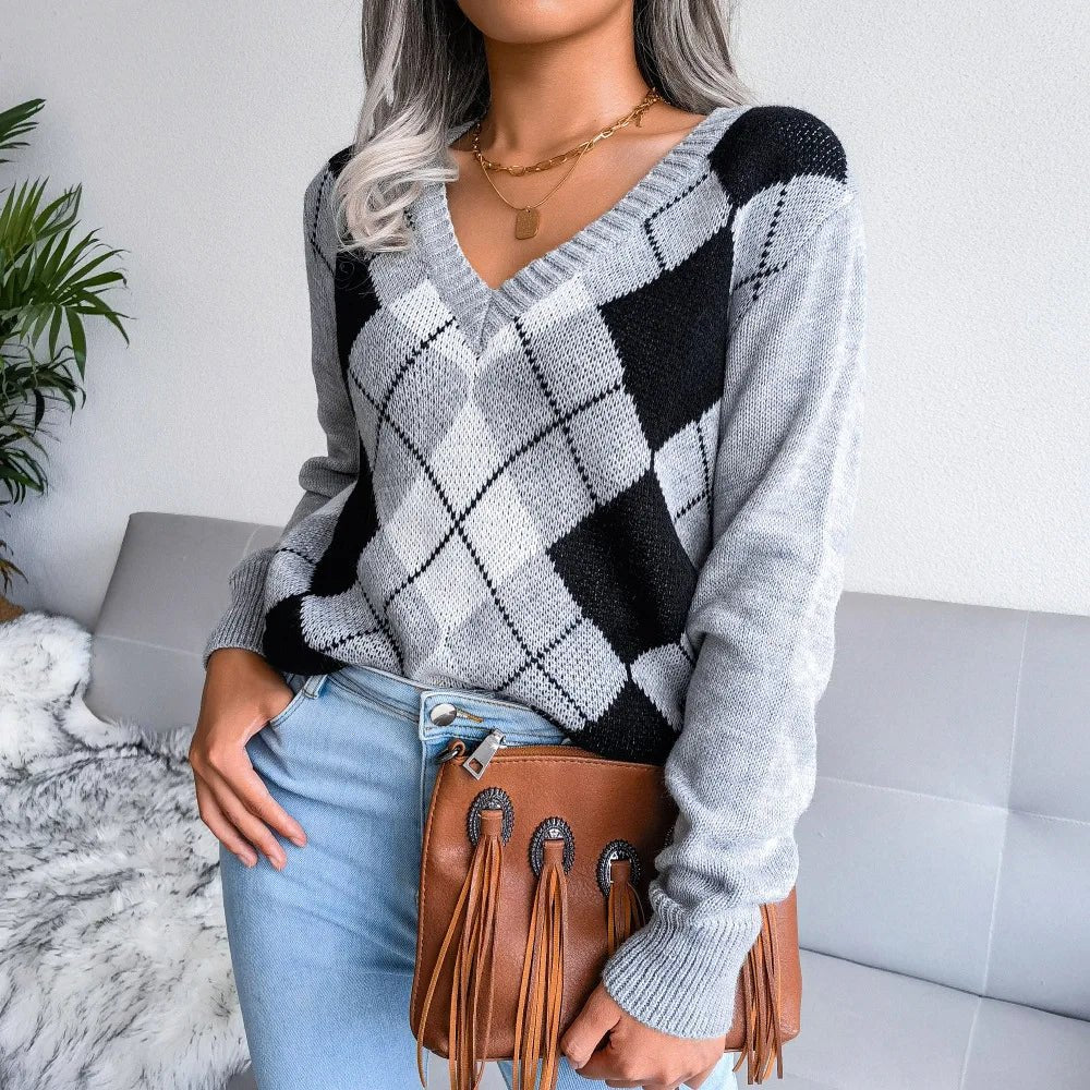 Cozy V-Neck Argyle Sweater for Women