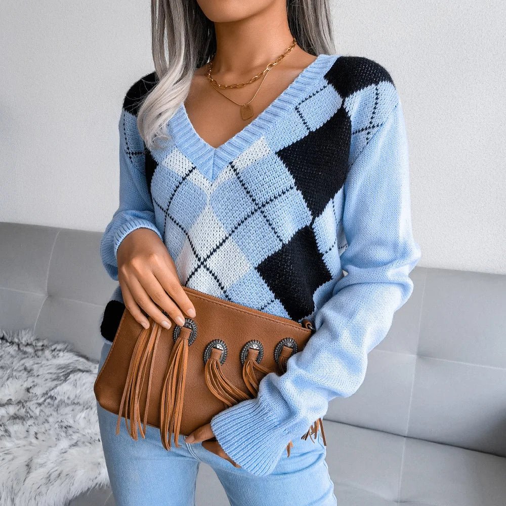 Cozy V-Neck Argyle Sweater for Women