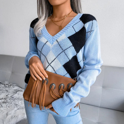 Cozy V-Neck Argyle Sweater for Women