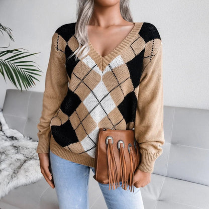 Cozy V-Neck Argyle Sweater for Women