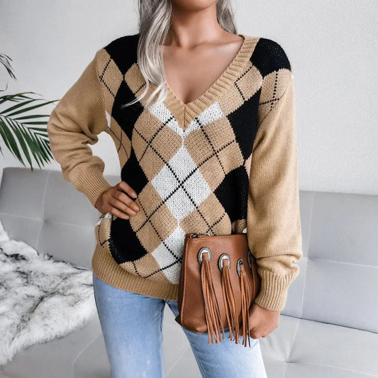 Cozy V-Neck Argyle Sweater for Women - OutfitLondon
