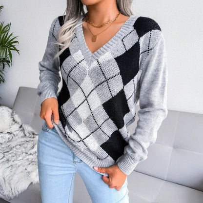 Cozy V-Neck Argyle Sweater for Women