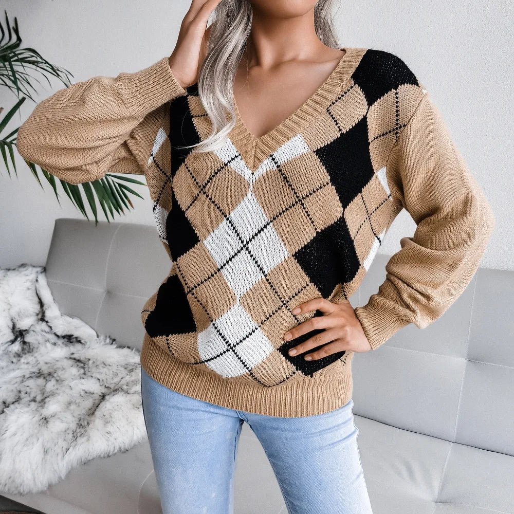 Cozy V-Neck Argyle Sweater for Women