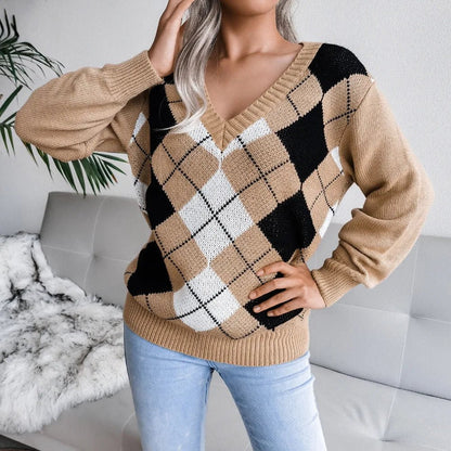 Cozy V-Neck Argyle Sweater for Women