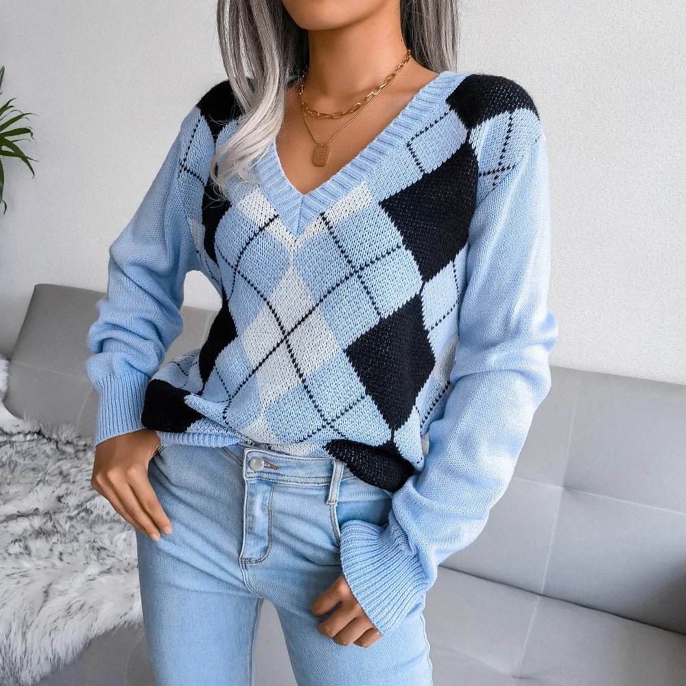 Cozy V-Neck Argyle Sweater for Women