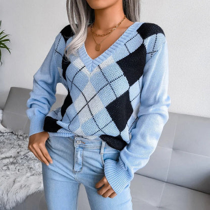 Cozy V-Neck Argyle Sweater for Women