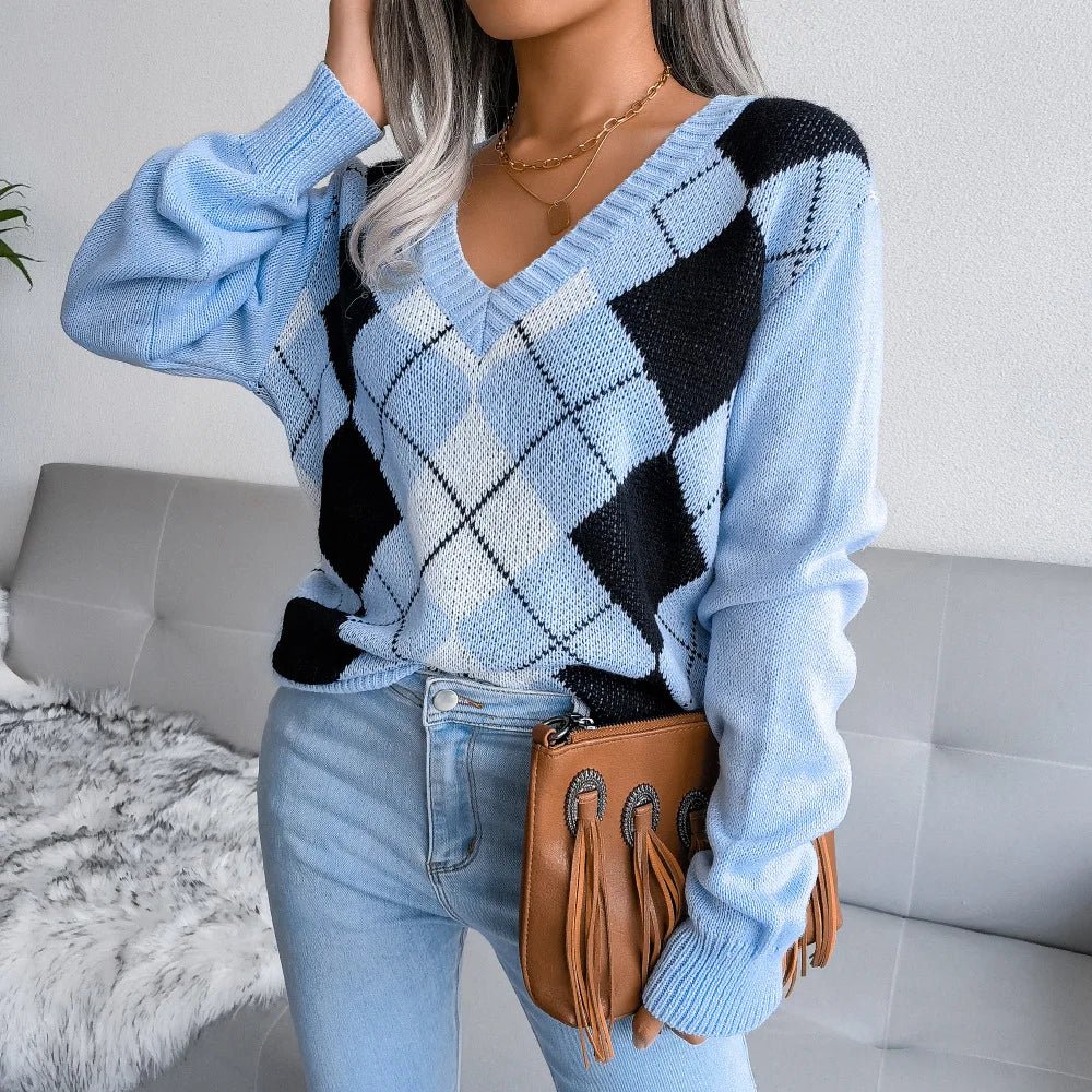 Cozy V-Neck Argyle Sweater for Women