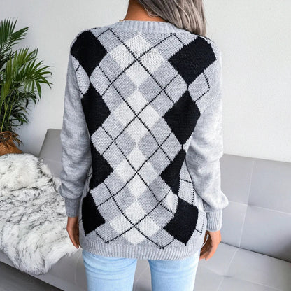 Cozy V-Neck Argyle Sweater for Women