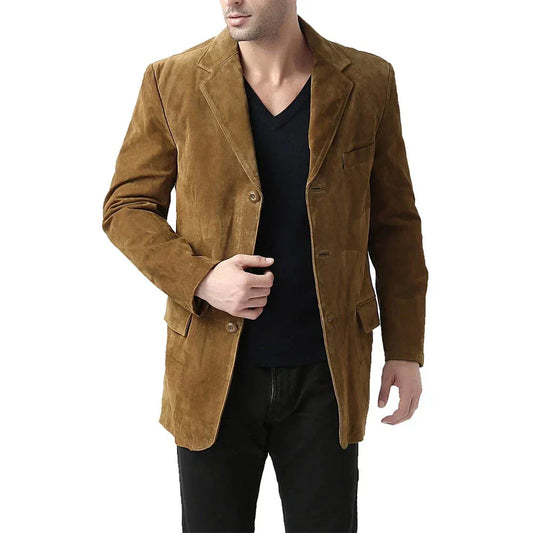 Men's Suede Leather Blazer Camel Brown Two Button Slim Fit - OutfitLondon
