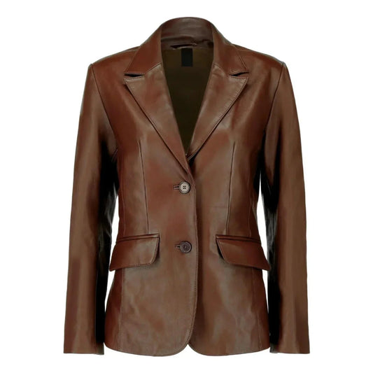 Women's Dark Brown Lambskin Leather Blazer - OutfitLondon