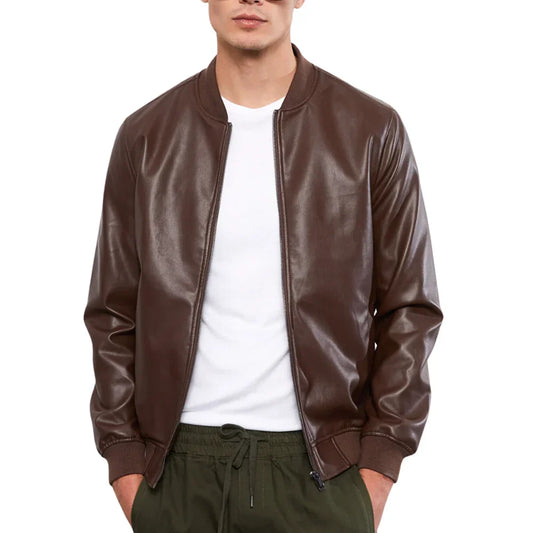 Men's Leather Bomber Jacket Chocolate Brown Genuine Leather - OutfitLondon