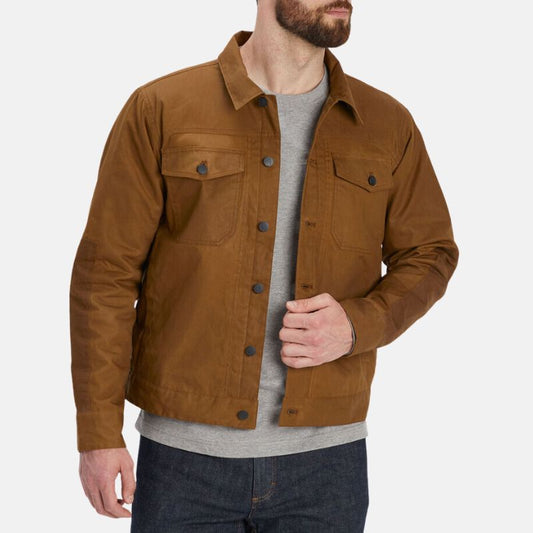 Men's Cotton Field Jacket Brown Trucker Style Viscose Lining - OutfitLondon