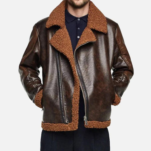 Men's Shearling Leather Jacket Brown - OutfitLondon