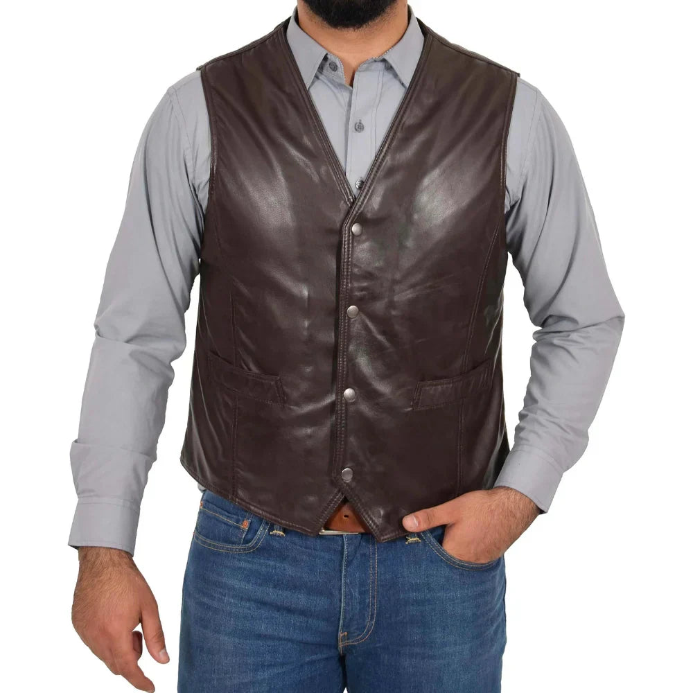 Men's Leather Biker Vest Real Leather Brown