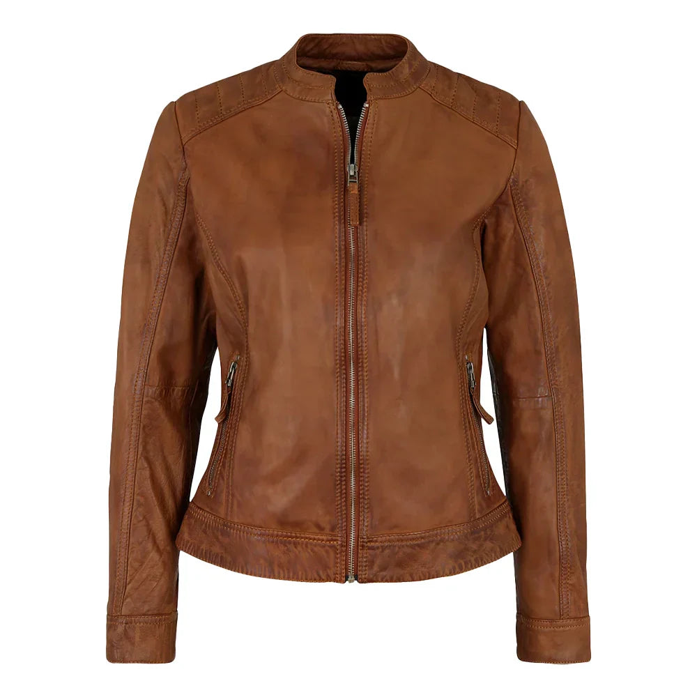 Women's Brown Leather Biker Jacket - OutfitLondon