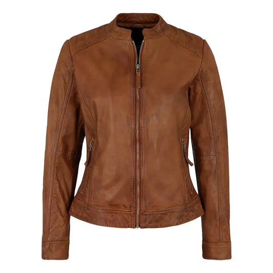 Women's Brown Leather Biker Jacket - OutfitLondon