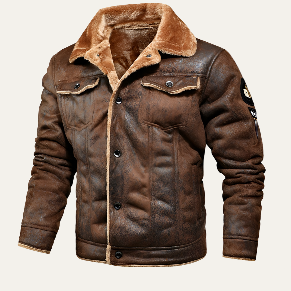 Warm Faux Leather Trucker Jacket with Pocket Patches