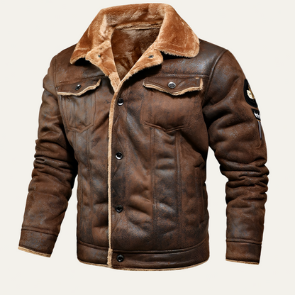 Warm Faux Leather Trucker Jacket with Pocket Patches